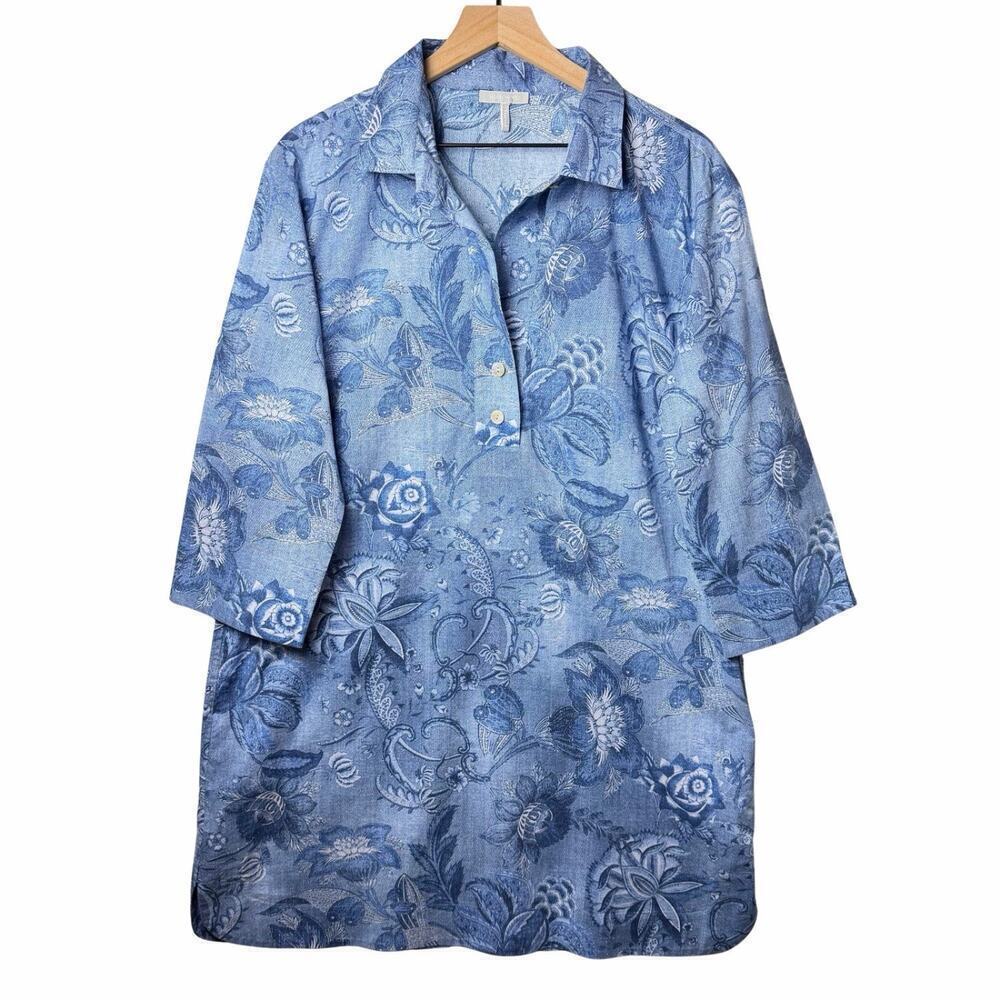 Hinson Wu Charlotte Passionflower Blue Button 3/4 Sleeve Print Dress Womens